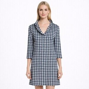 J Mclaughlin Durham Catalina Cloth Ruffle Neck Sheath navy cream Dress Medium